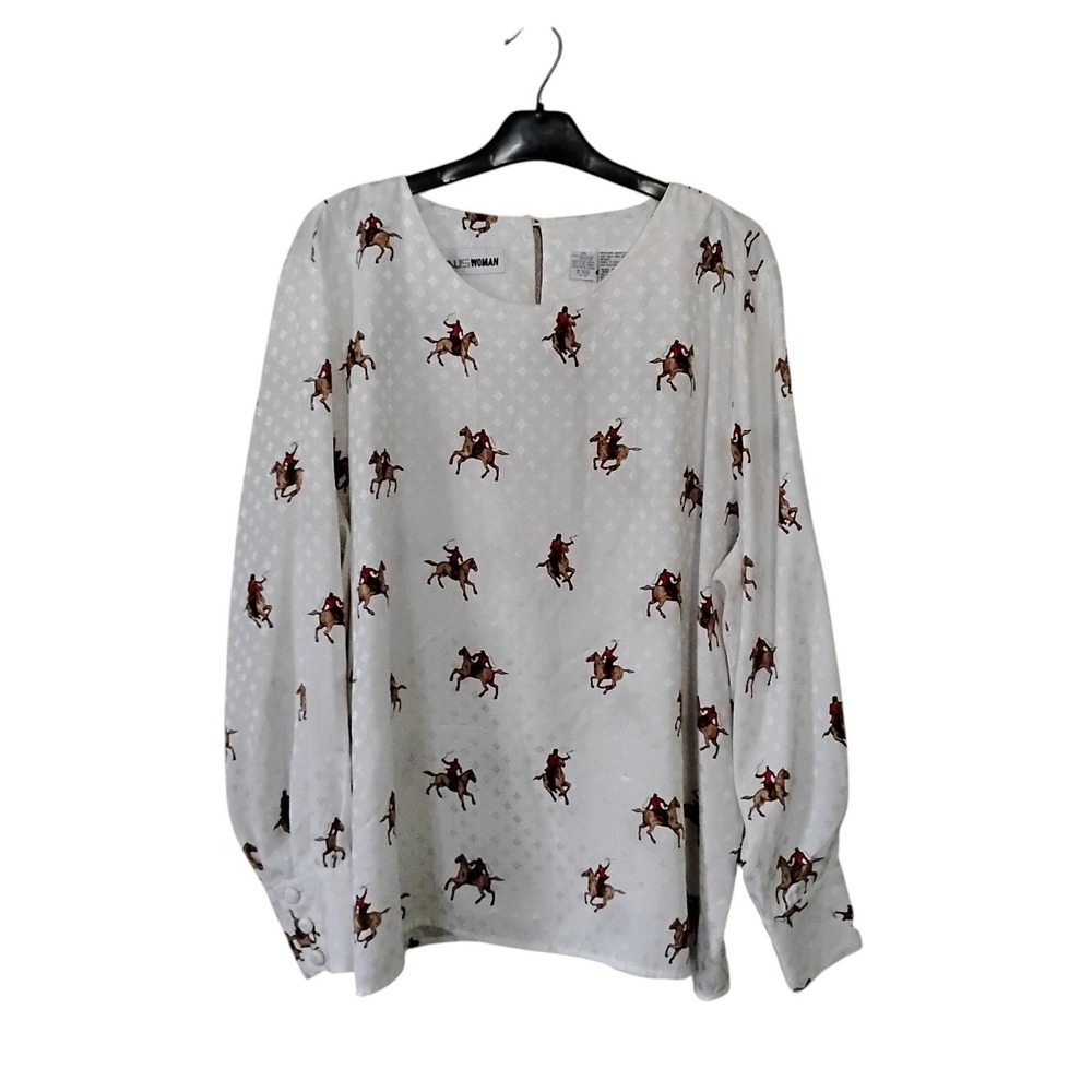 Chaus Woman Equestrian Horse Print Blouse White Jacquard Long Sleeve Top Size 20